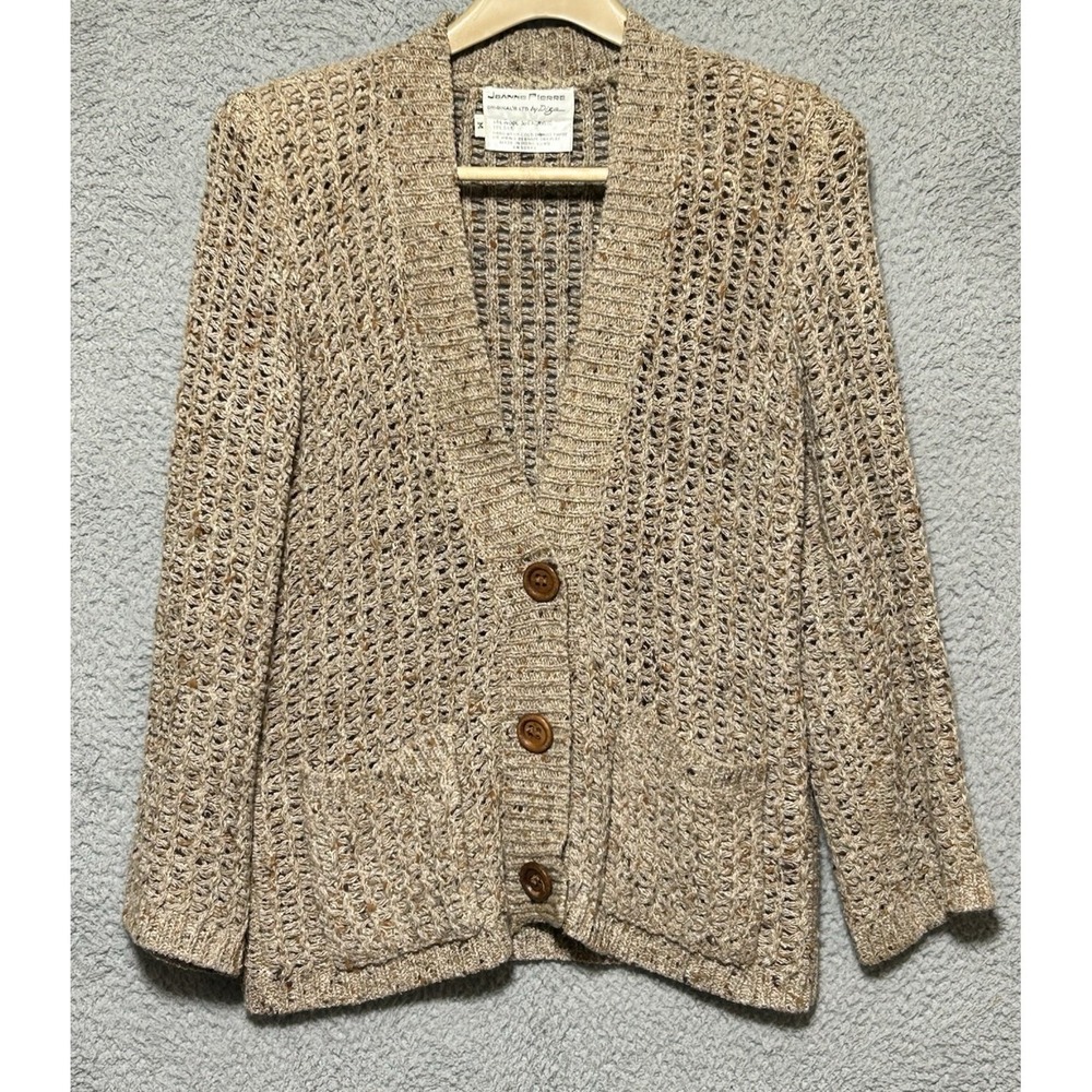 Vtg Jeanne Pierre Open Knit Crochet Cardigan Sweater Womens M Oatmeal Coastal - Picture 1 of 7